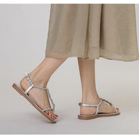 Single-strap rhinestone bow flat sandals, new summer fashion, simple and stylish, suitable for outdoor wear, Roman beach shoes