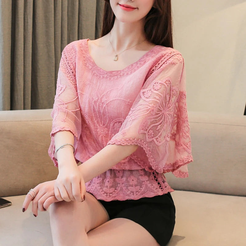 Loose Lace Blouse Women Butterfly Sleeve Chiffon Shirt Woman Fashion Casual Floral Shirt Tops