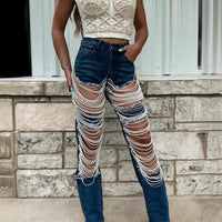 Heavy Duty Denim Jeans Women's High Waist High Elasticity Hole Punching Beading Long Pants Trendy Spicy Girl Style