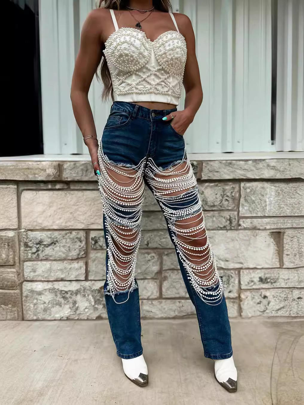 Heavy Duty Denim Jeans Women's High Waist High Elasticity Hole Punching Beading Long Pants Trendy Spicy Girl Style