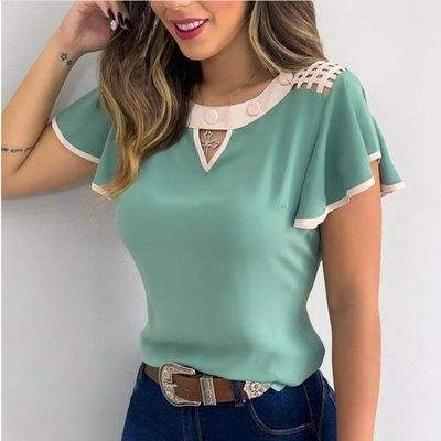 Hollow Out Sexy Lace Blouse Elegant Butterfly Sleeve Solid Blouse Shirt Office Lady O Neck Ruffles Patchwork  Tops Natalia Home Fashion    Natalia Home Fashion