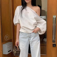 French Acetate Satin Short Sleeve Shirt Women Summer Beautiful Shirt Short Design Loose Slim Slanted Shoulder Top