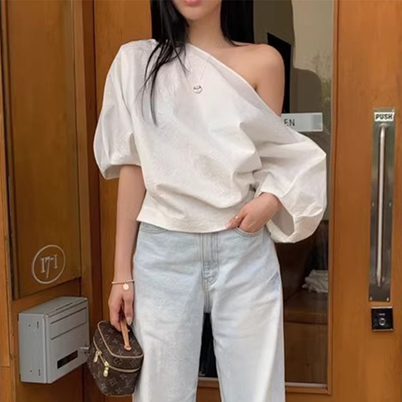 French Acetate Satin Short Sleeve Shirt Women Summer Beautiful Shirt Short Design Loose Slim Slanted Shoulder Top