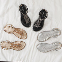 Single-strap rhinestone bow flat sandals, new summer fashion, simple and stylish, suitable for outdoor wear, Roman beach shoes