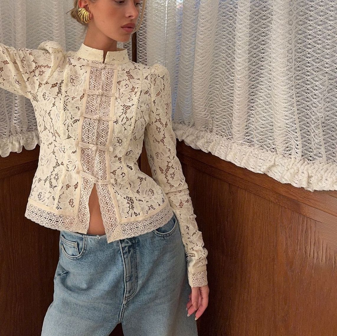 Vintage Blouse, Elegant Embroidery Puff Sleeve Hollow Out Lace Stand Collar Semi Formal Summer Top Natalia Home Fashion    Natalia Home Fashion