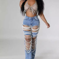 Heavy Duty Denim Jeans Women's High Waist High Elasticity Hole Punching Beading Long Pants Trendy Spicy Girl Style