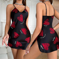 Print Satin Slip Nightdress V Neck Backless Mini Sleep Dress Women Sleepwear Dresses Nightgown