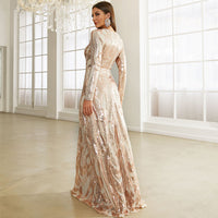Round Neck Long Sleeved Sequin A Line Evening Dress Banquet Prom Maxi Wedding Bride Dress