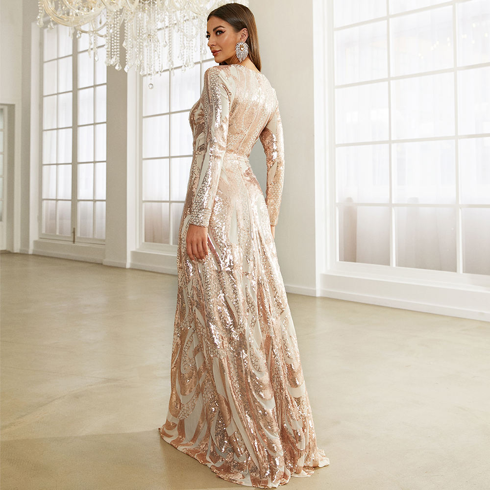 Round Neck Long Sleeved Sequin A Line Evening Dress Banquet Prom Maxi Wedding Bride Dress