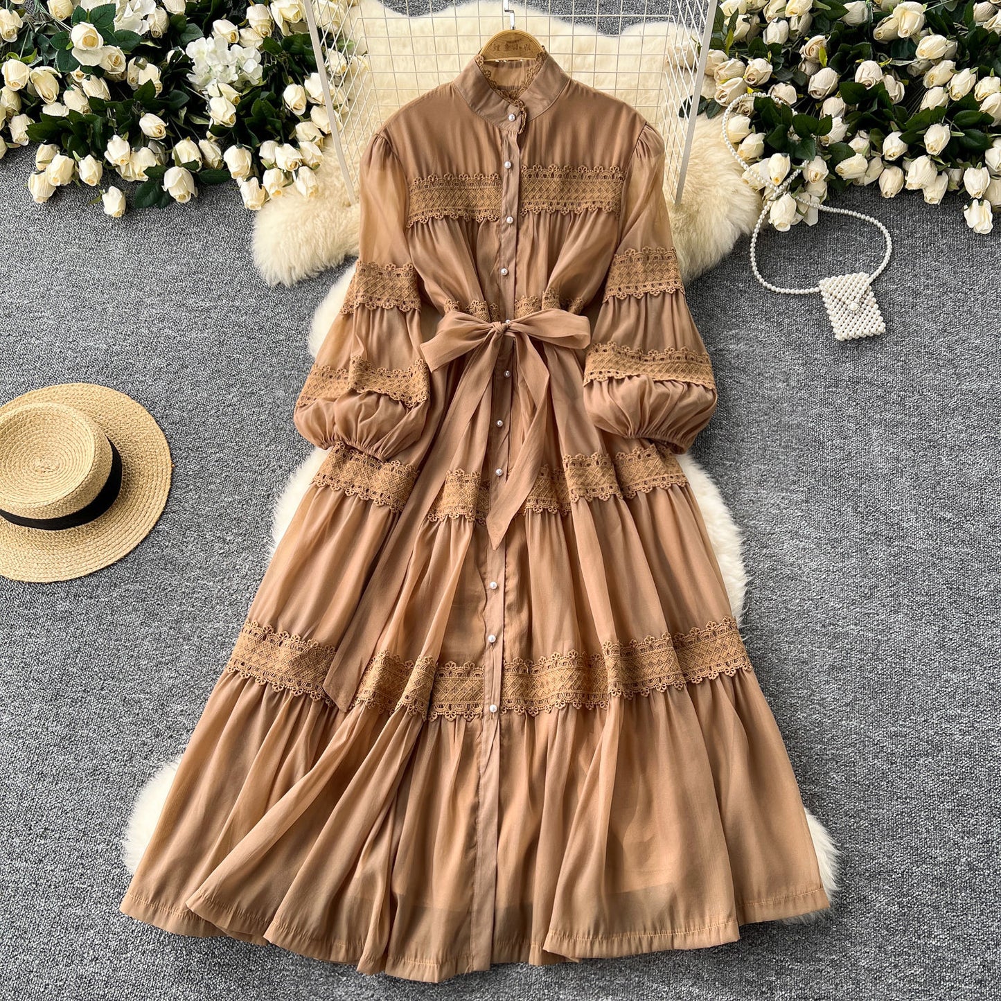 Elegant Hollow Out Organza Long Maxi Dresses Shirt Women  Layer Ruffle Full Sleeve Pearl Evening Party Dress