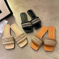 Fashion Women's Slippers Versatile Straw Woven Retro Flat Sandals Ethnic Casual Classic Flip Flops