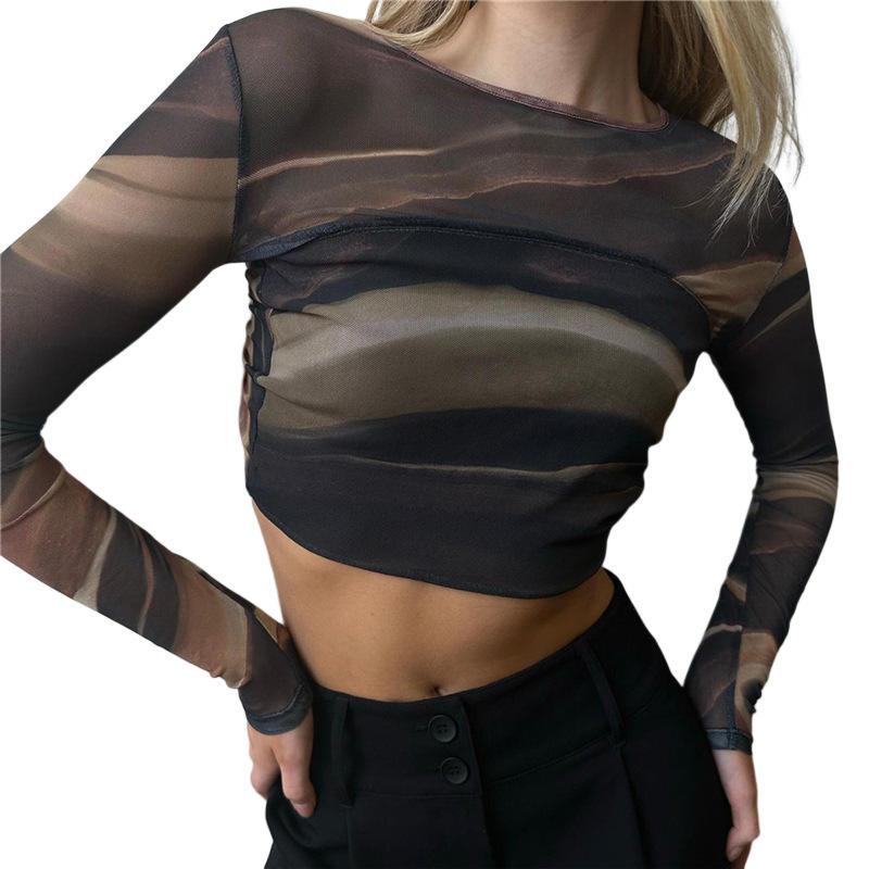 Printing T shirt Long Sleeve Crop Top Women Summer Clothing Tie Back  Backless  Slim Fit Rope Natalia Home Fashion    Natalia Home Fashion