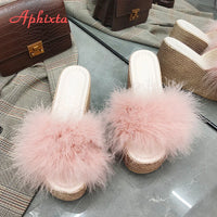 Heels Slides Women's Shoes Woman Slippers Faux Fur Slides Wedge Platform Women Shoes Beach Sandals