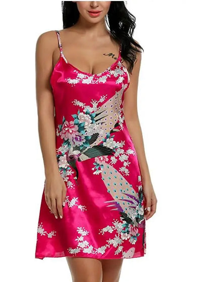 Satin Night Dress Women Nightgown Nightwear Night Shirts Casual Print Mini Dress Big Size Sleepshirt Chemise Nighty White XXL Yp