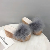 Heels Slides Women's Shoes Woman Slippers Faux Fur Slides Wedge Platform Women Shoes Beach Sandals