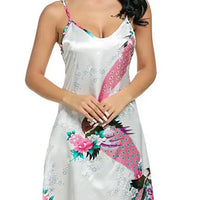 Satin Night Dress Women Nightgown Nightwear Night Shirts Casual Print Mini Dress Big Size Sleepshirt Chemise Nighty White XXL Yp