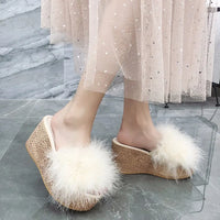 Heels Slides Women's Shoes Woman Slippers Faux Fur Slides Wedge Platform Women Shoes Beach Sandals
