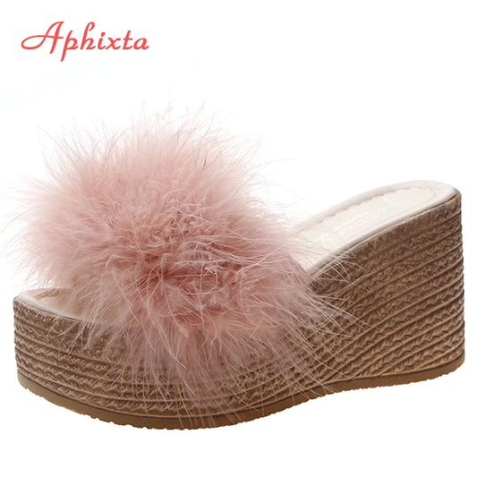 Heels Slides Women's Shoes Woman Slippers Faux Fur Slides Wedge Platform Women Shoes Beach Sandals