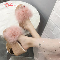 Heels Slides Women's Shoes Woman Slippers Faux Fur Slides Wedge Platform Women Shoes Beach Sandals