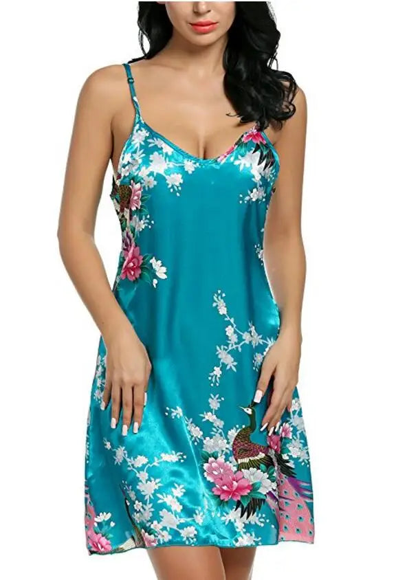 Satin Night Dress Women Nightgown Nightwear Night Shirts Casual Print Mini Dress Big Size Sleepshirt Chemise Nighty White XXL Yp