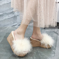 Heels Slides Women's Shoes Woman Slippers Faux Fur Slides Wedge Platform Women Shoes Beach Sandals