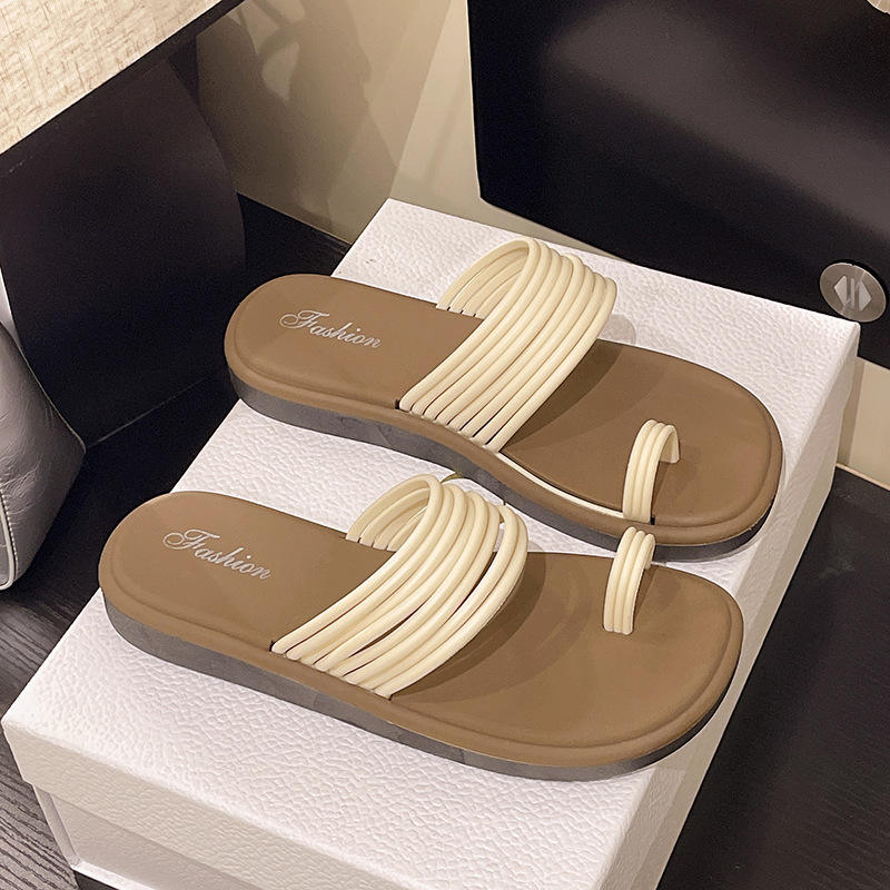 Women's Flat Sandals Summer Outdoor Wear Niche Design Sensation Thin Strap Toe Covering Roman Beach Slippers Comfortable