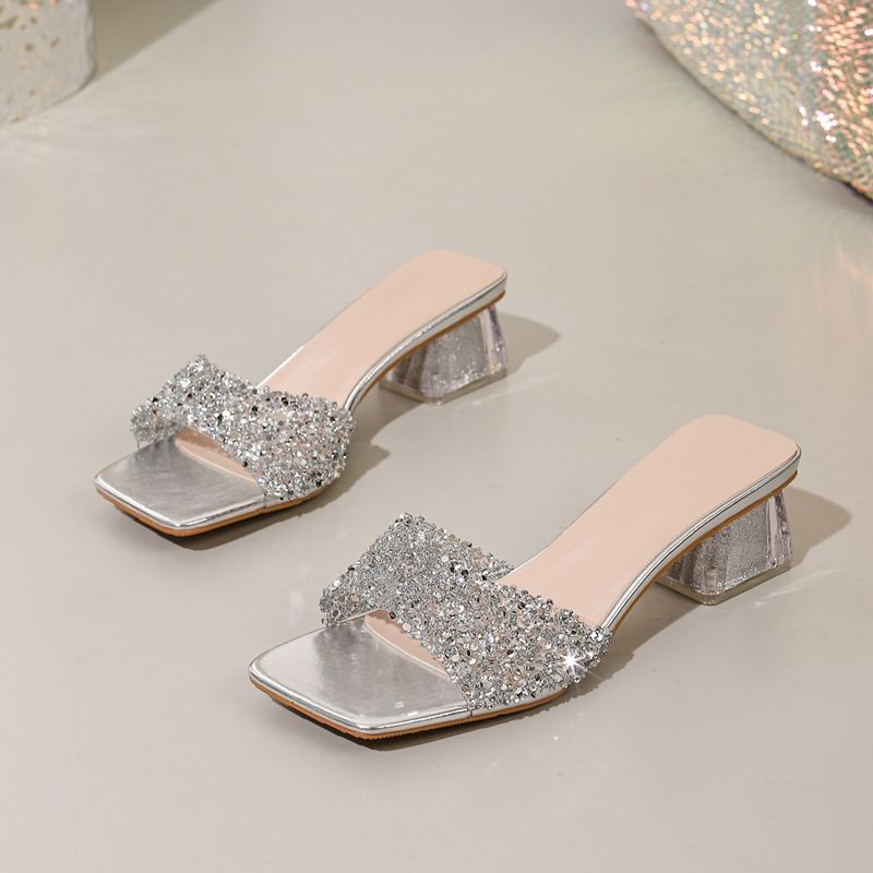 Shiny Sequins High Heel Slippers for Women Summer Fashion Square Toe Transparent Heeled Sandals Woman Glitter Slides - Natalia Home Fashion