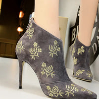 Ankle Length Flock Boots Women Fashion Pointed Toe High Heel Shoes Ankle Boots Embroider Design Ladies Shoes