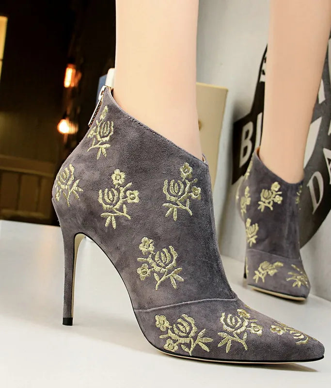 Ankle Length Flock Boots Women Fashion Pointed Toe High Heel Shoes Ankle Boots Embroider Design Ladies Shoes
