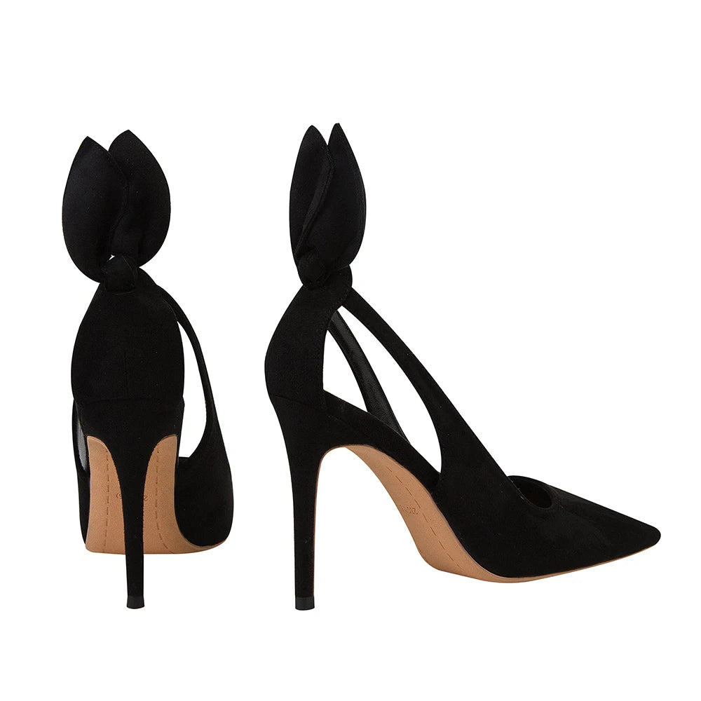 Women's High Heels Suede Stilettos Bow Detail Black Pointed Toe Pumps Sexy Temperament Footwear for Special Occasions