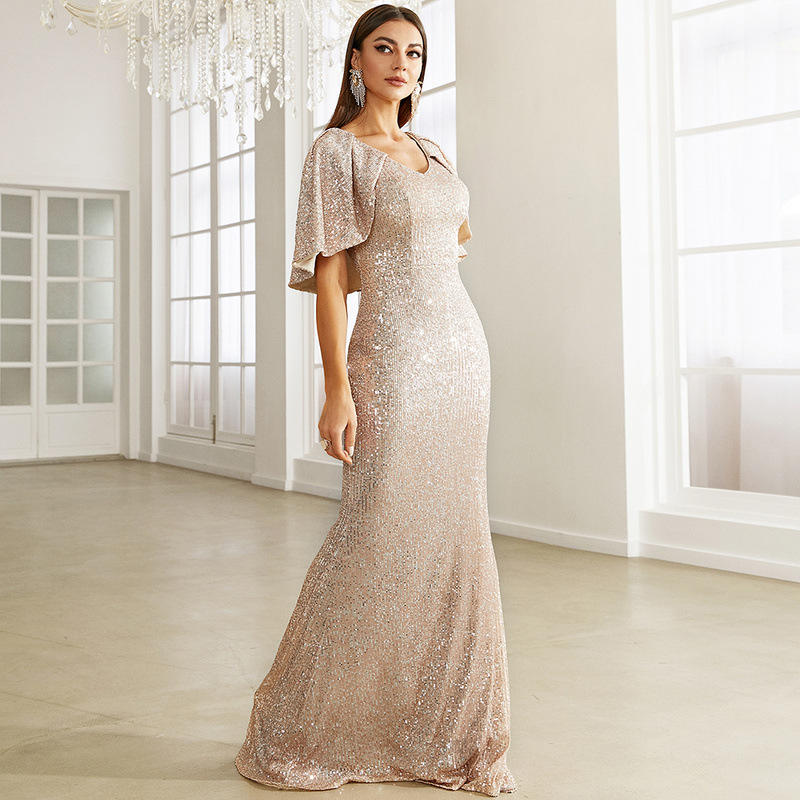 Cape Sleeves Sequined Evening Dress Mermaid Tail And Floor-Length Dress Elegant Dresses For Evening Dress