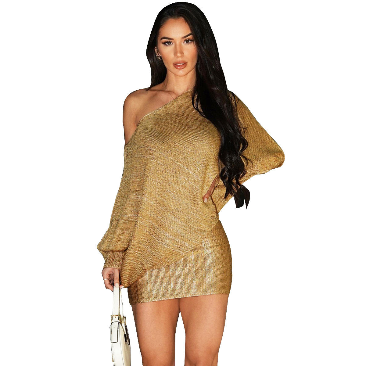 Sexy Modern Single Shoulder Fashion Dress with High Waist And Gold Embossing for Women Street Style Short Skirt