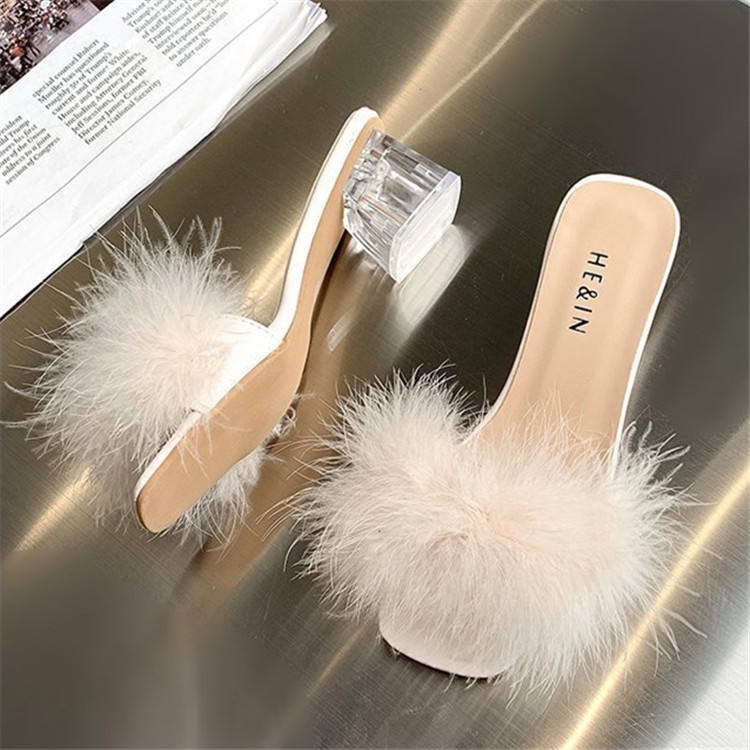 Fluffy Peep Toe Sexy High Heels Women Shoes Fur Feather Lady Fashion Wedding Slip-On Square Toe Women Sandals Natalia Home Fashion    Natalia Home Fashion