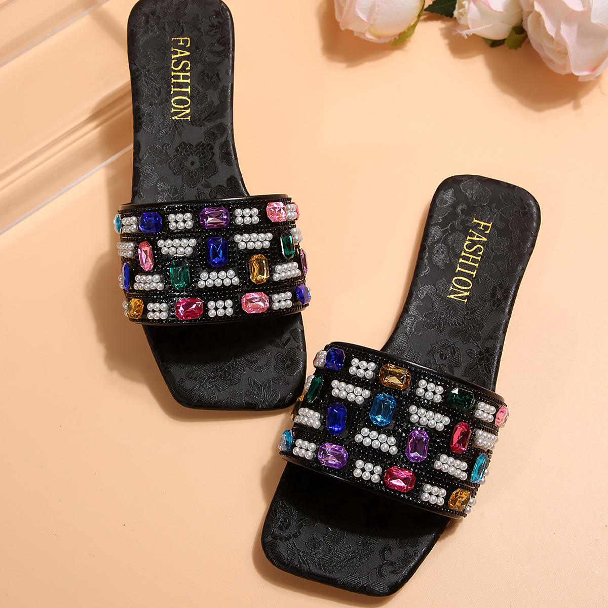 Colorful Diamond Flat Sandals Women's Summer Fashion Square Head Slip-On Shoes Breathable Lightweight PU Leather