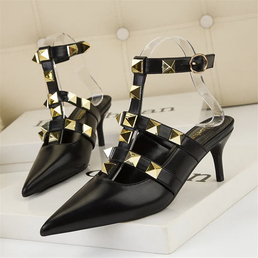 Female Rivets T-strap Sandals Pointy Toe Soft Leather Sexy Women Shoes Comfort 6CM High Heels Ladies Work Dress Shoe