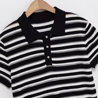 Women's Casual Button Top French Retro Turn-down Collar Striped Knitted Short-sleeved Sweater Top Natalia Home Fashion    Natalia Home Fashion