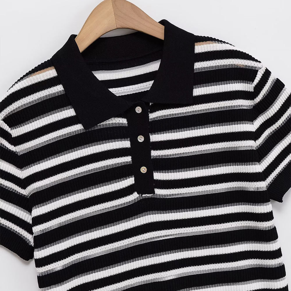 Women's Casual Button Top French Retro Turn-down Collar Striped Knitted Short-sleeved Sweater Top Natalia Home Fashion    Natalia Home Fashion