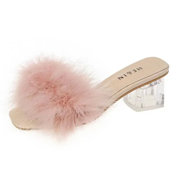 Fluffy Peep Toe Sexy High Heels Women Shoes Fur Feather Lady Fashion Wedding Slip-On Square Toe Women Sandals Natalia Home Fashion    Natalia Home Fashion