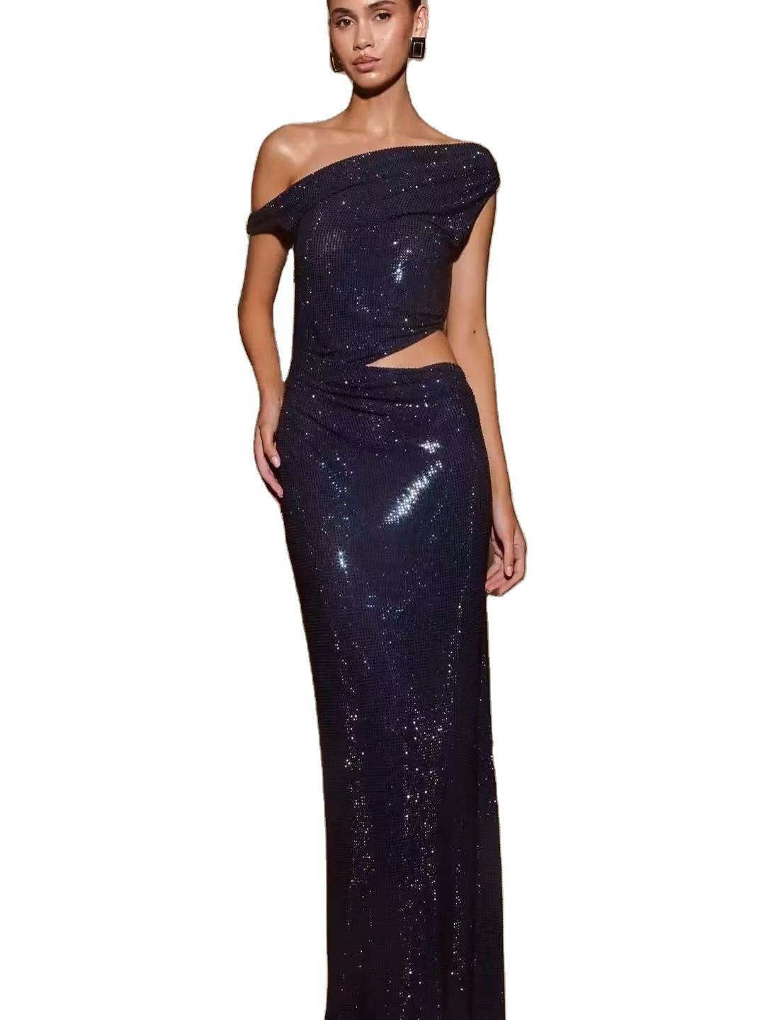 Fashion Water Diamond Slanted Shoulder Hollowed Out Sparkling Party Dress Women's Ankle-length Dresses