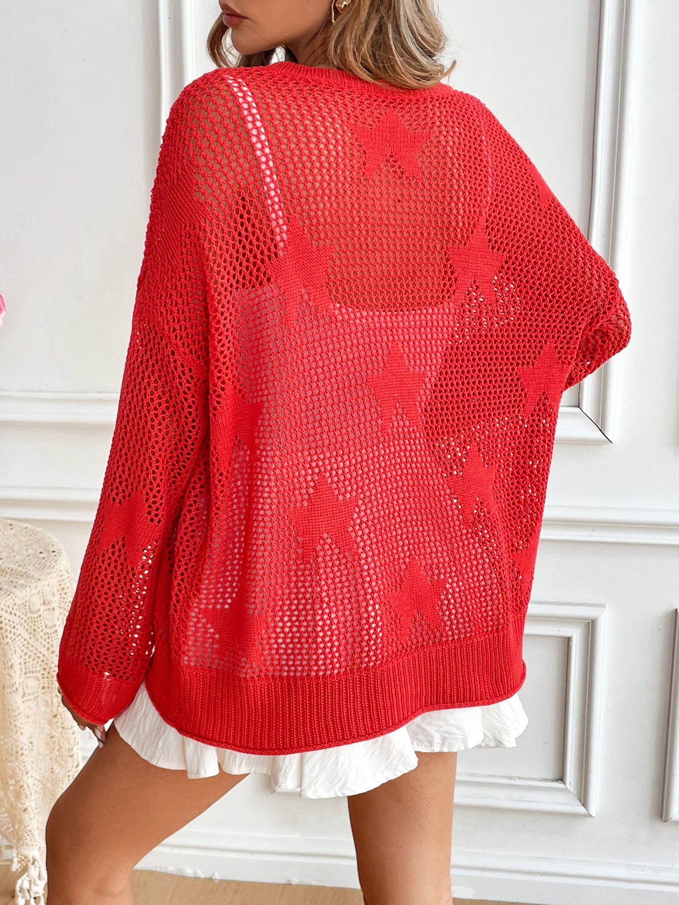 Star Shaped Hollow out Knitted Long Sleeve Crew Neck Pullover Top for Women Comfortable Breathable Soft Material