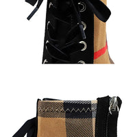 Ankle Women Boots Fashion Slim Heel High Heel Pointed Plaid Plaid Lace up Fashion Cross Strapping Boots