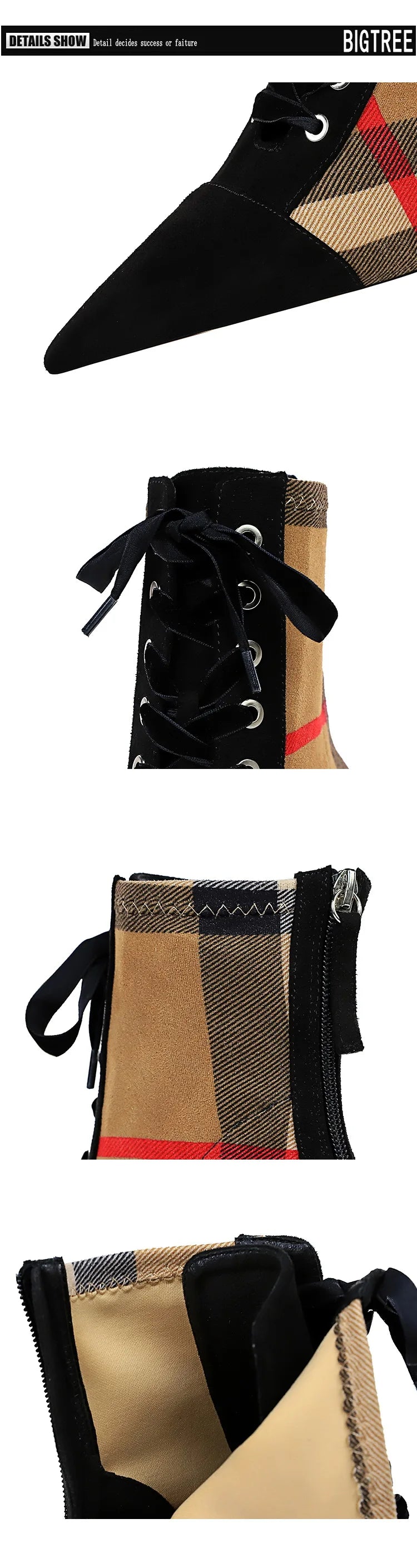 Ankle Women Boots Fashion Slim Heel High Heel Pointed Plaid Plaid Lace up Fashion Cross Strapping Boots