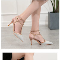 PUMPS High-heeled Shoes Female Pointed Stiletto Sexy Nightclub Word With Rivets Wild Sandals Female Summer
