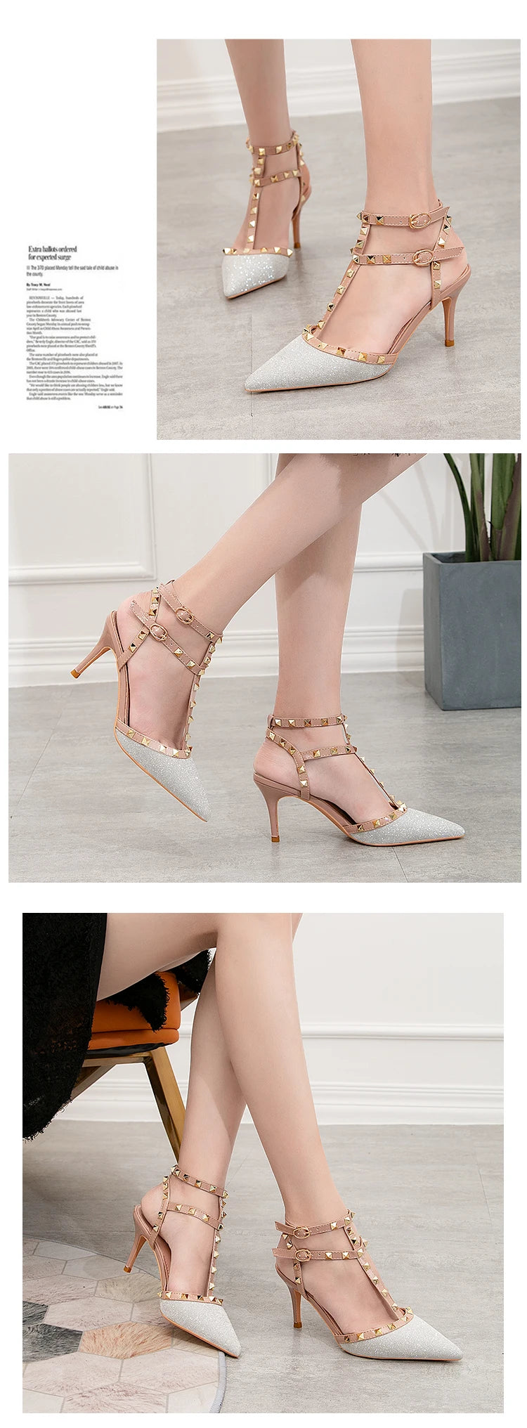 PUMPS High-heeled Shoes Female Pointed Stiletto Sexy Nightclub Word With Rivets Wild Sandals Female Summer