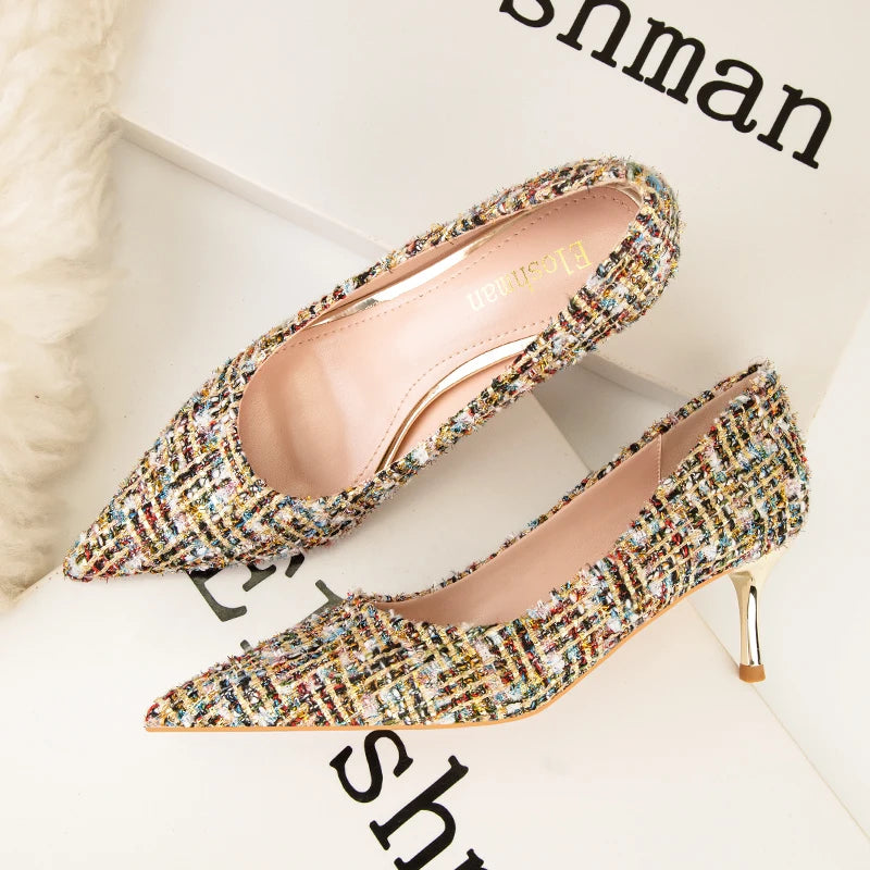 Simple Style New Fashion Sexy Wild Stiletto Metal Heels Pointed Toe Shallow Slim Bling Wedding Women Dress Pumps Shoes
