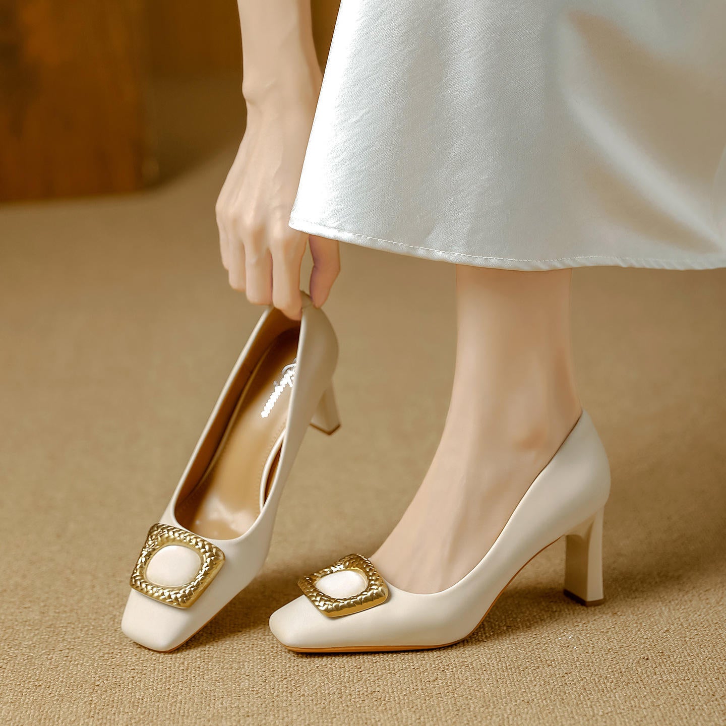 Basic Shallow Square Toe Women Pumps High Quality PU Leather Matte Thick Heel Office Shoes Woman Maroon 7CM High Heels