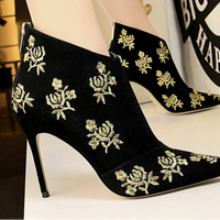 Ankle Length Flock Boots Women Fashion Pointed Toe High Heel Shoes Ankle Boots Embroider Design Ladies Shoes