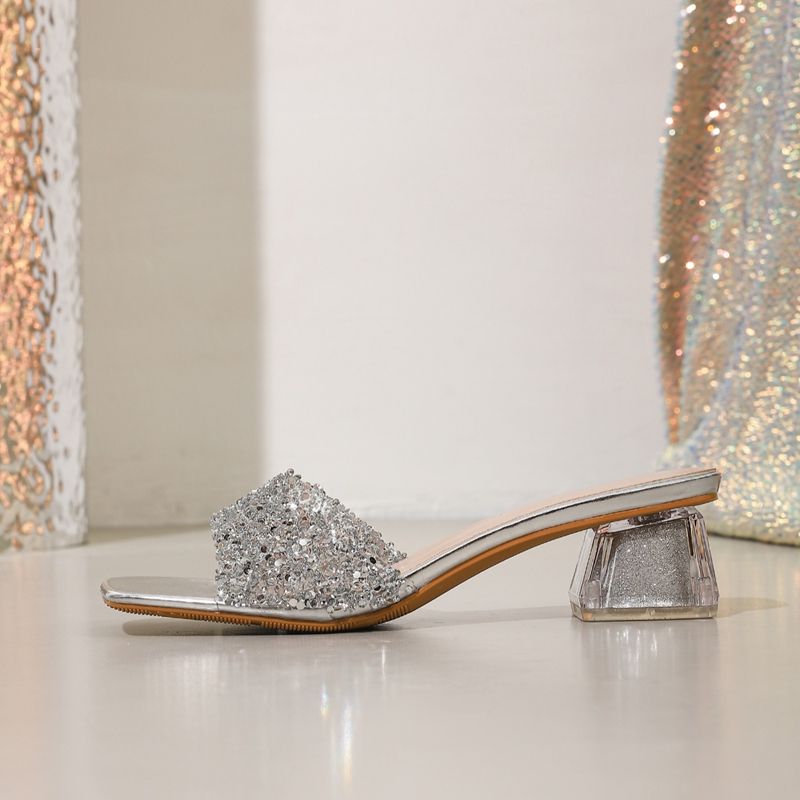 Shiny Sequins High Heel Slippers for Women Summer Fashion Square Toe Transparent Heeled Sandals Woman Glitter Slides - Natalia Home Fashion