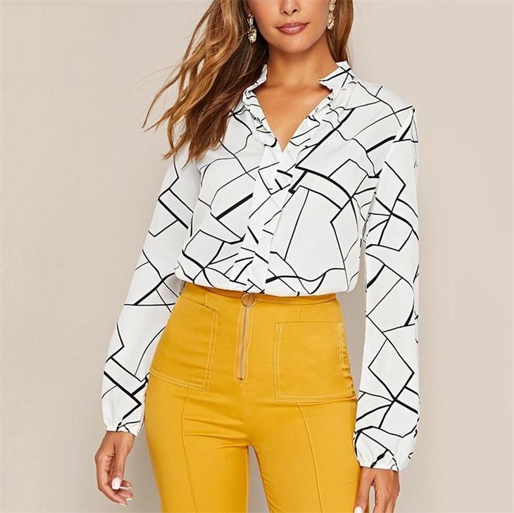 Women's Random Striped Blouse Slim Long Sleeve Printed Turn Down Collar Shirts Single-breasted Office Lady Shirt