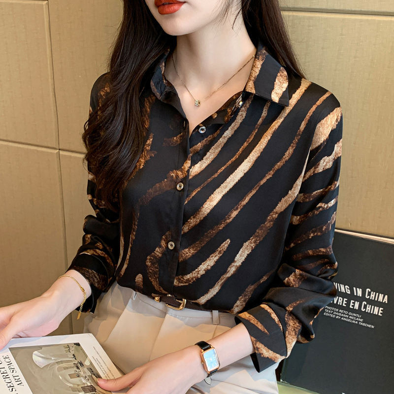 Loose Zebra Print Long Sleeve Silk Shirt Women Blouse Tops Fashion Office Lady Autumn Turn Down Collar Clothes
